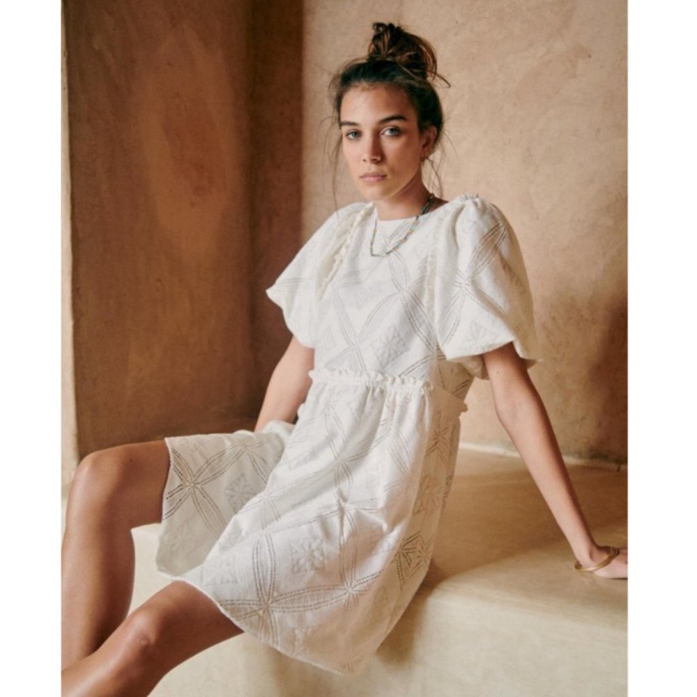Sézane Livy Dress Parisian Ecru Off White Mix Woven Lace Short Puff Sleeve Mini - Picture 15 of 15